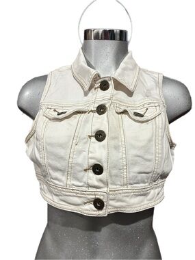 Vintage Y2K Cropped White Denim Vest Button Front Distressed Juniors Large 90’s